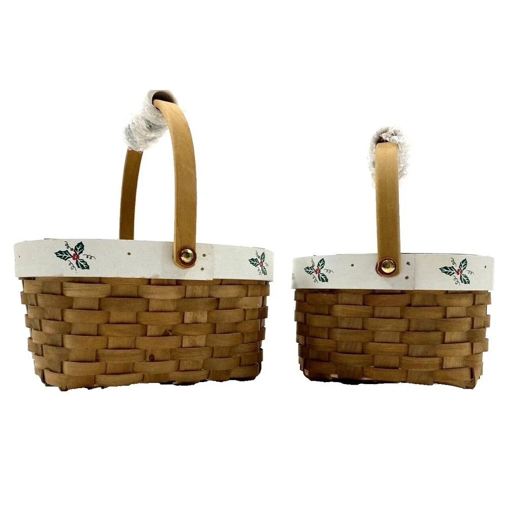 Wooden Woven Holiday Christmas Oval Baskets Porcelain Handle & Holly Leaves NEW